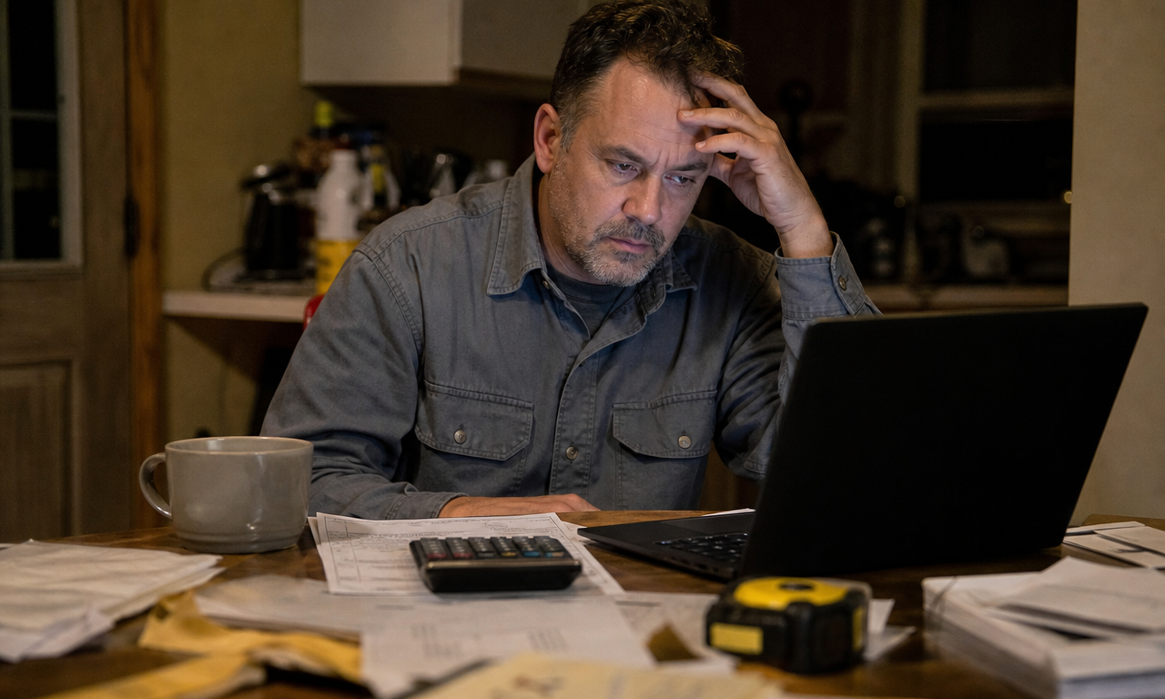 A contractor at a kitchen table at night, frustrated with a laptop and a stack of invoices.