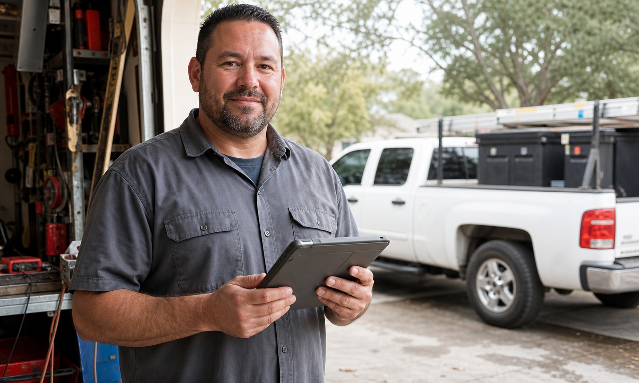 A relaxed, confident contractor in his shop, in control of his day.