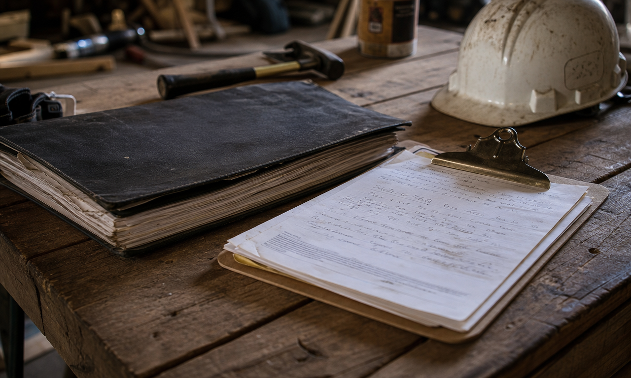 A worn job-site binder and clipboard on a workbench.